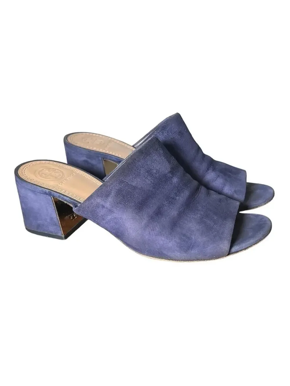 Tory Burch Salinas Navy Blue Suede Block Heel Mules 6.5